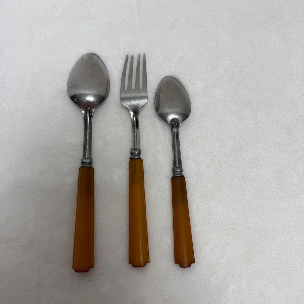 VTG‎ Bakelite Flatware 3pc Set Butterscotch Amber Handles Fork Spoons